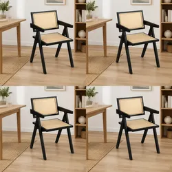 Black Rattan Armchair Dining Chair Set of 4 Wooden Frame Lounge Seating