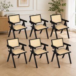 Black Wicker Armchair Dining Chair Set of 6 Lounge Seating with Rattan Backrest