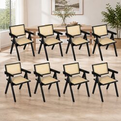 Black Wicker Armchair Dining Chair Set of 8 Lounge Seating with Rattan Backrest
