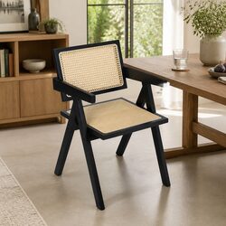 Wicker Armchair Rattan Dining Chair with Armrest Wooden Frame Indoor Furniture