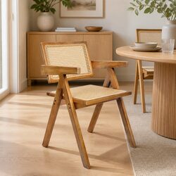 Dining Chair Solid Rubber Wood Rattan Weave Natural Seat Cushion 100kg Capacity