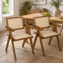 Wicker Armchair Dining Chair Rattan Walnut Wooden Seat Cushion Modern Home