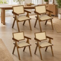 Walnut Wicker Armchair Dining Chair Set 4x Rattan Wooden Seat Retro Style