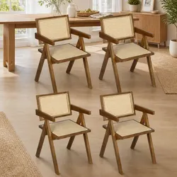 Walnut Wicker Armchair Dining Chair Set 4x Rattan Wooden Seat Retro Style