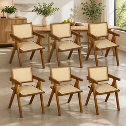 Dining Chair with Armrest Walnut Rattan Wooden Seat Kitchen Furniture Set