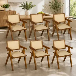 Dining Chair with Armrest Walnut Rattan Wooden Seat Kitchen Furniture Set
