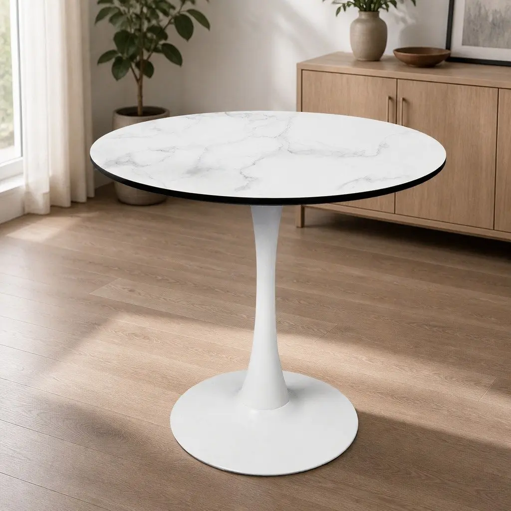 Dining Table Round Lacquered Wooden Top 80cm White Indoor Outdoor