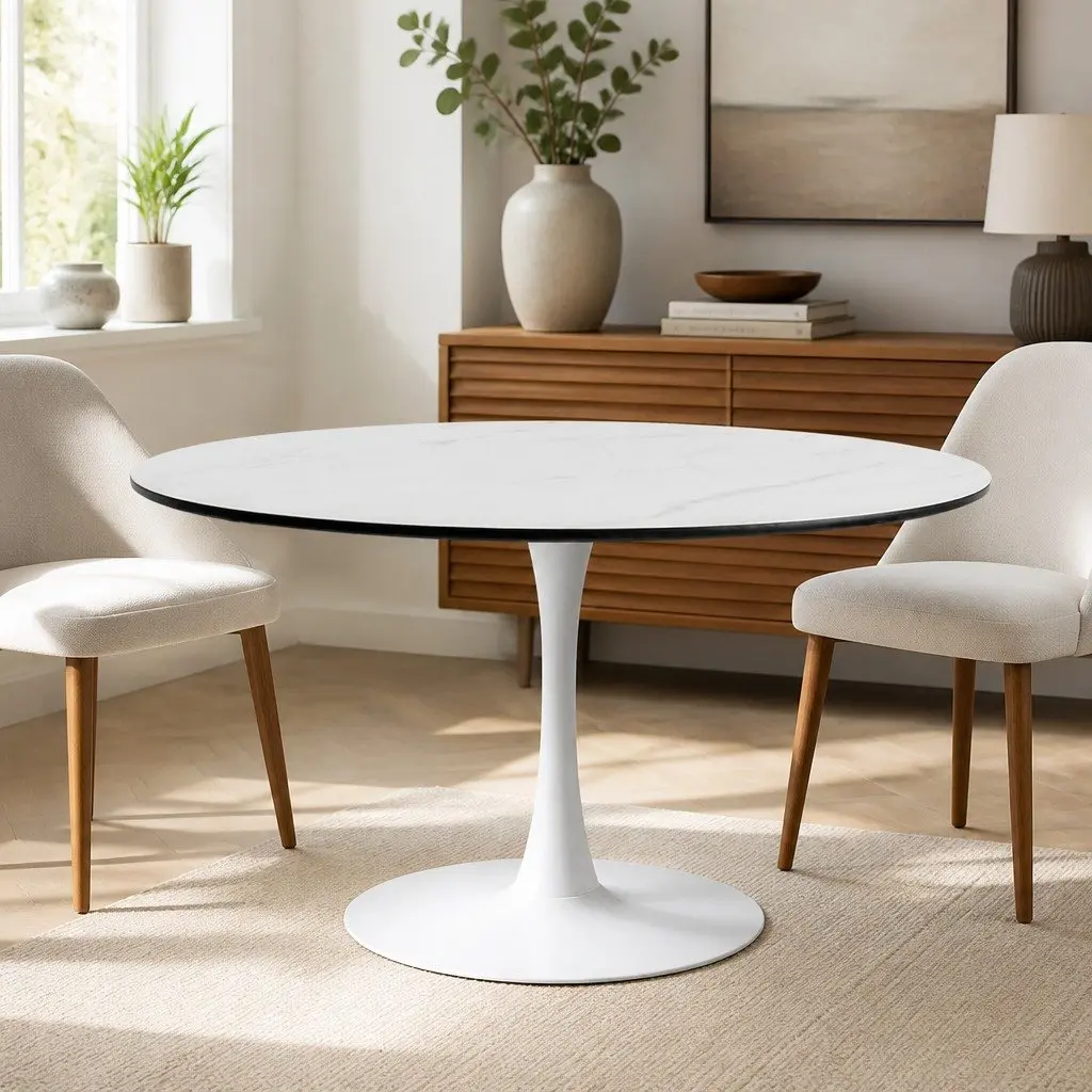 Dining Table Round High Top Steel Frame Lacquered Wooden Top 120cm White