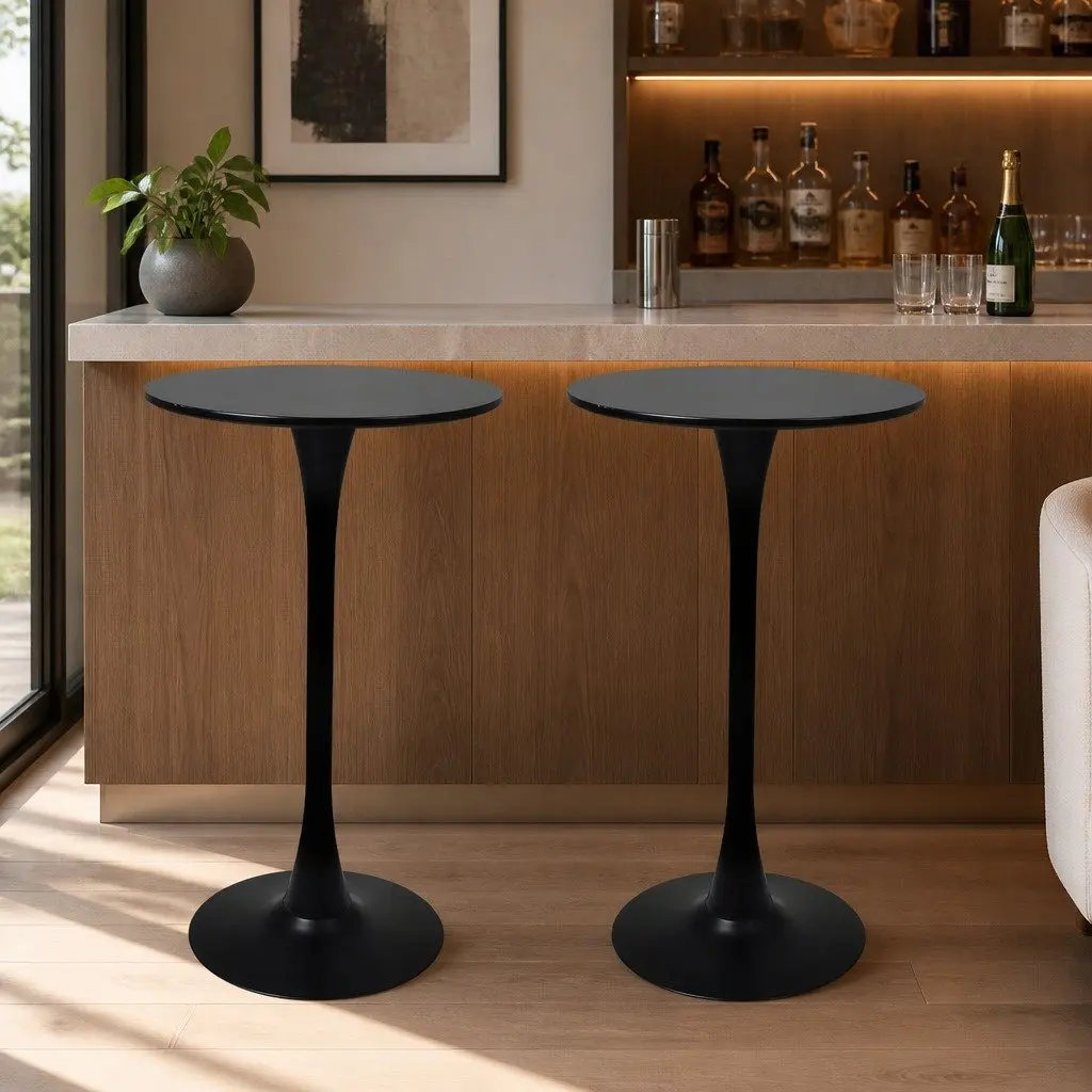 Round Bar Table High Top Pub Tables Gloss Marble Black Pack of 2