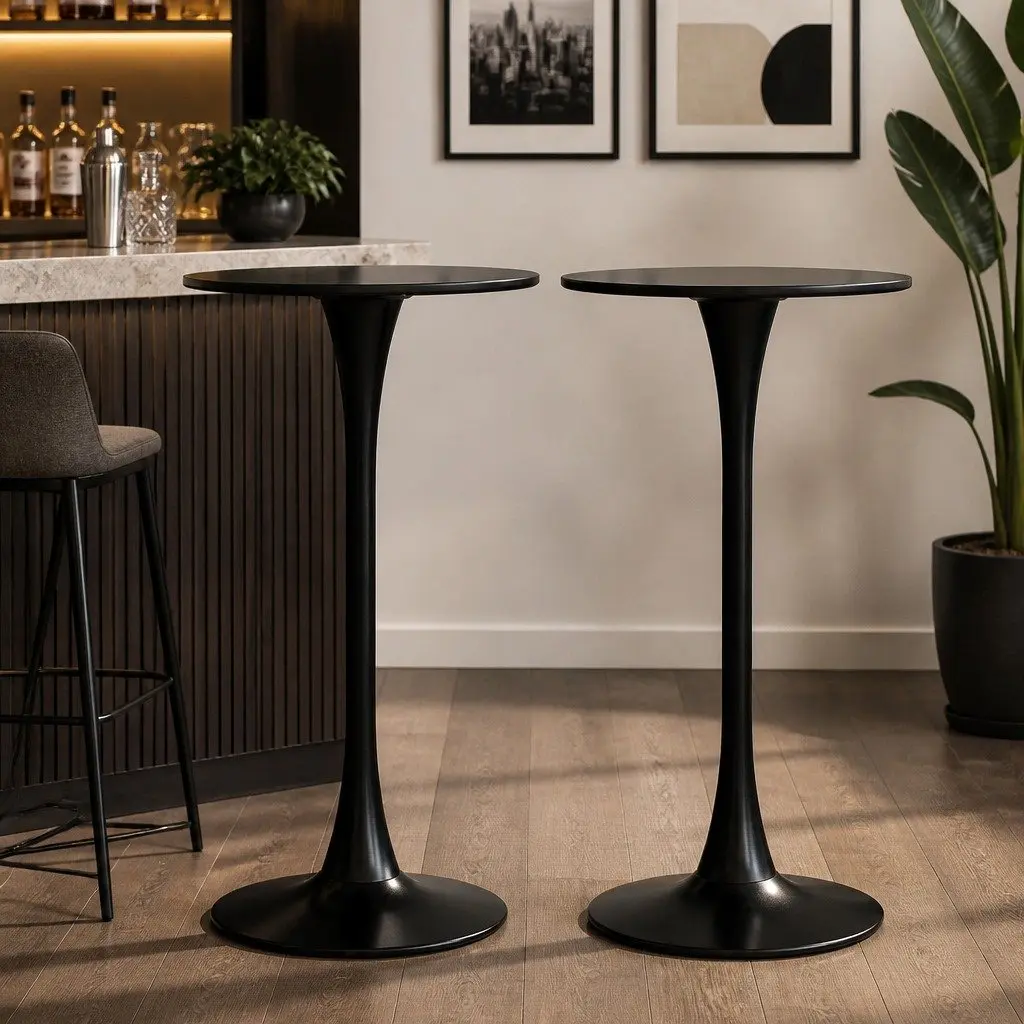 Round Bar Table High Top Pub Tables Gloss Marble Black Pack of 2