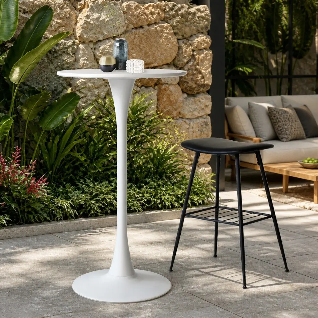 2x Round Bar Table High-Top Pub Tables White Gloss Marble Sturdy Steel Frame