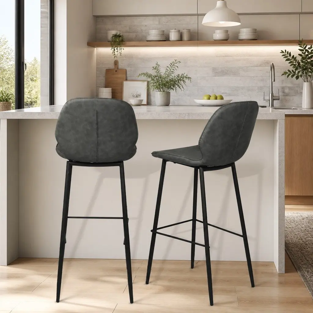 Bar Stools Counter Height High Backrest Grey Leathaire Seat Steel Frame