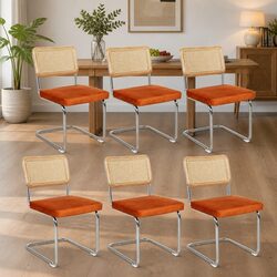Rattan Dining Chairs Set of 6 Woven PE Backrest Velvet Padded Seat Chrome Frame