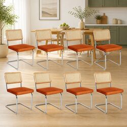 Dining Chairs Set of 8 Rattan Backrest Cantilevered Steel Frame Padded Seat