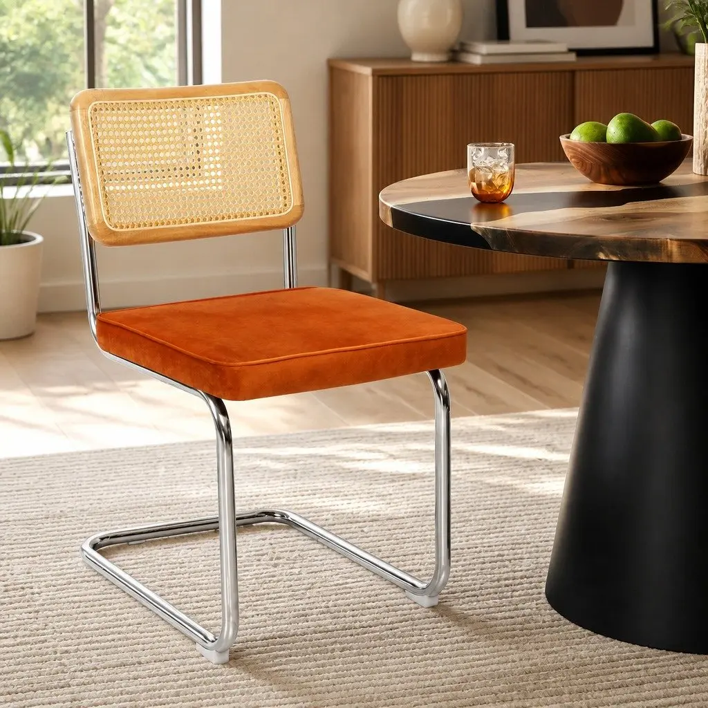 Dining Chairs Rattan Backrest Velvet Padded Seat Kitchen Lounge Furniture Set