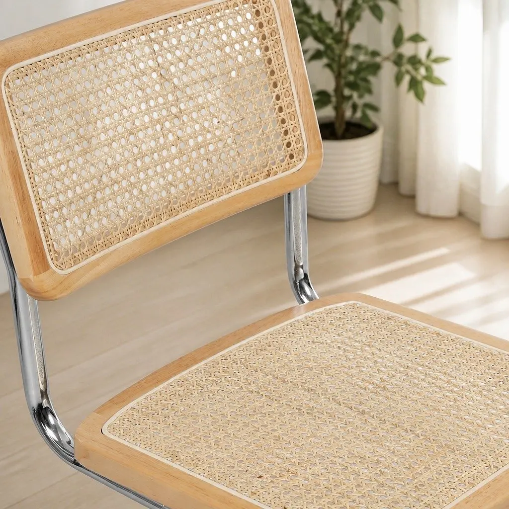 Rattan Dining Chairs Set of 2 Woven Seat Backrest Chrome Steel Frame Kitchen