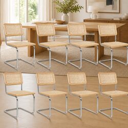 Rattan Dining Chairs Set of 6 Woven Seat Backrest Cantilevered Steel Frame