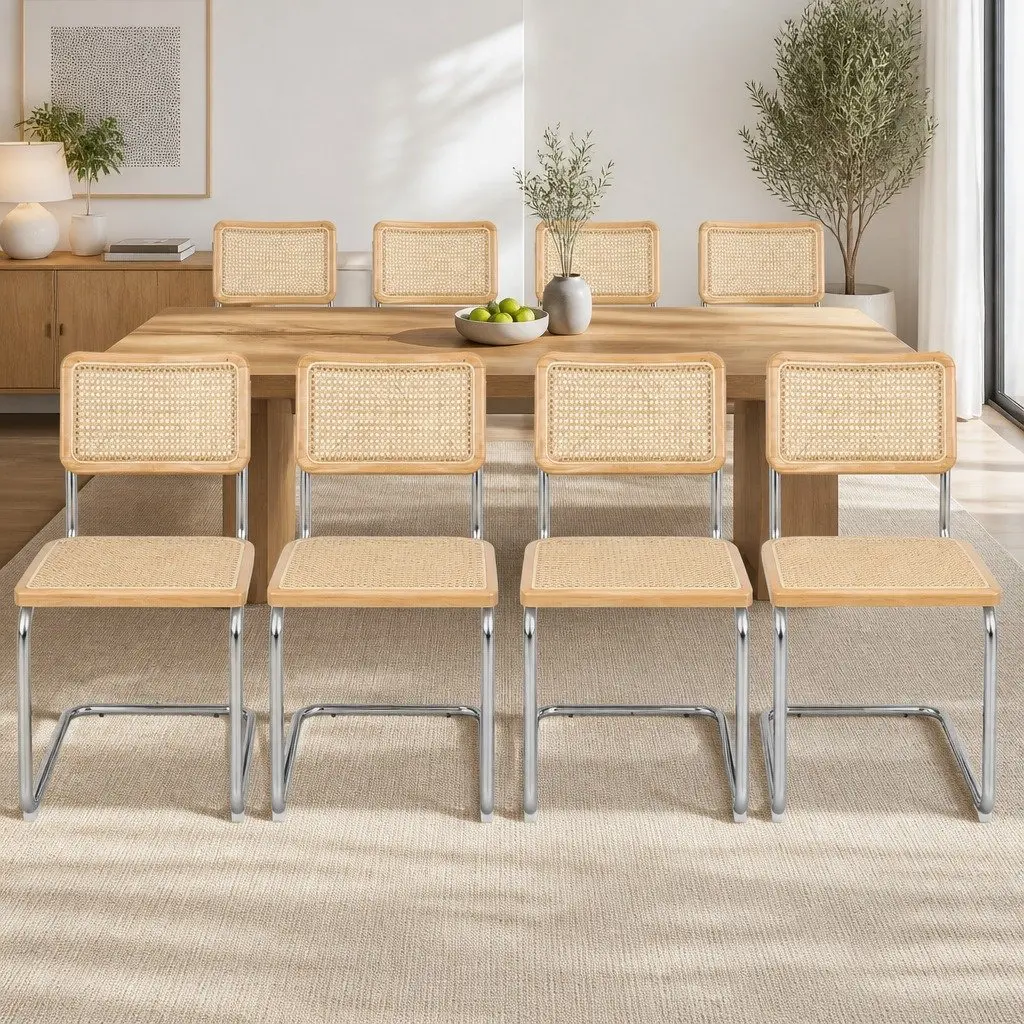 Rattan Dining Chairs Set of 8 Cantilever Steel Frame Woven Seat Backrest Natural