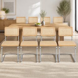 Rattan Dining Chairs Set of 8 Cantilever Steel Frame Woven Seat Backrest