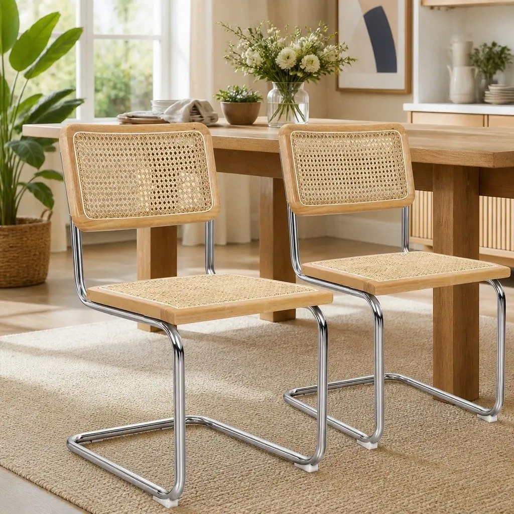 Rattan Dining Chairs Set of 8 Cantilever Steel Frame Woven Seat Backrest Natural