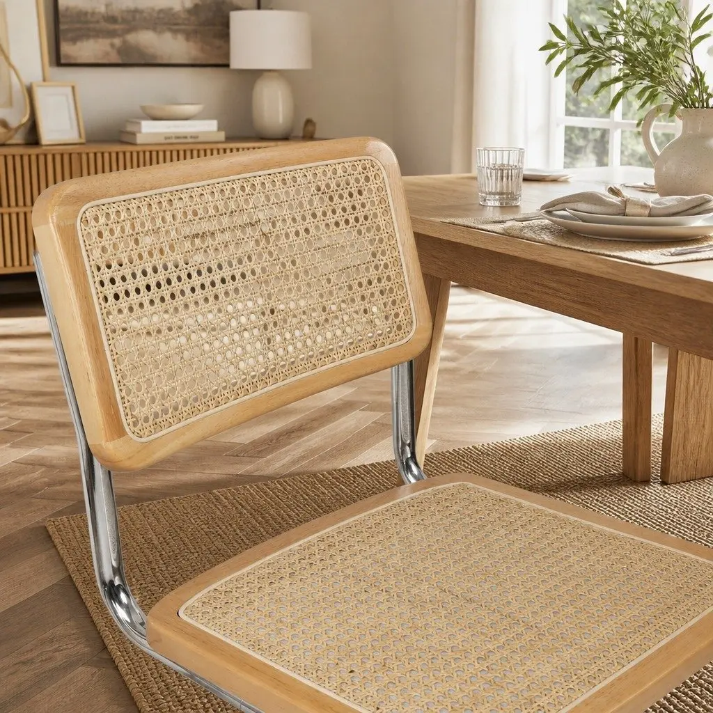 Rattan Dining Chairs Set of 8 Cantilever Steel Frame Woven Seat Backrest Natural