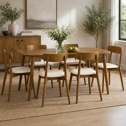 Dining Chairs Set of 6 Kitchen Seat Rubber Wood PU Leather Curved Backrest