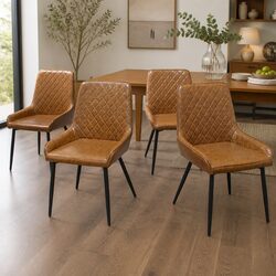 Dining Chairs x 4 Padded Seat PU Faux Leather Steel Frame Brown