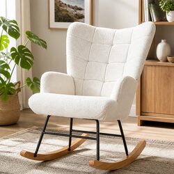 Rocking Chair Ergonomic Seating Fleece Upholstery Wood Legs Relaxation Lounge