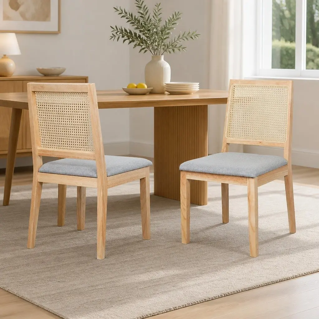 Dining Chairs Rattan Weave Open Back Wooden Lounge Seat Natural Grey