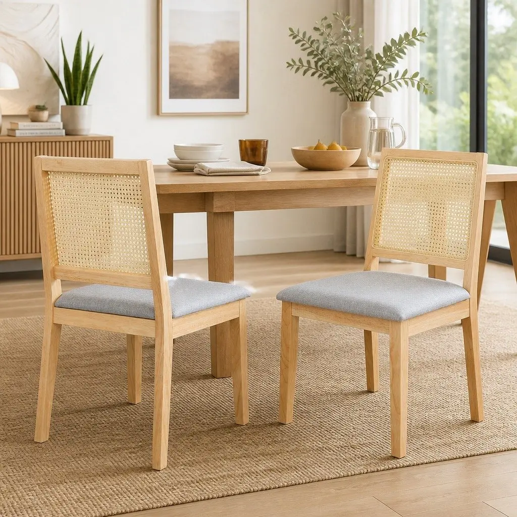 Dining Chairs Set of 6 Armless Rattan Weave Wood Seat Kitchen Furniture