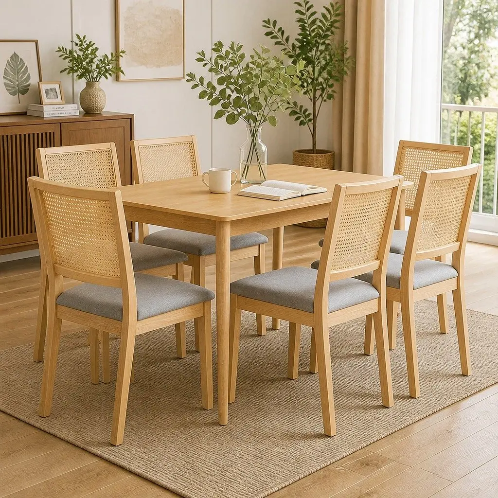 Dining Chairs Set of 6 Armless Rattan Weave Wood Seat Kitchen Furniture
