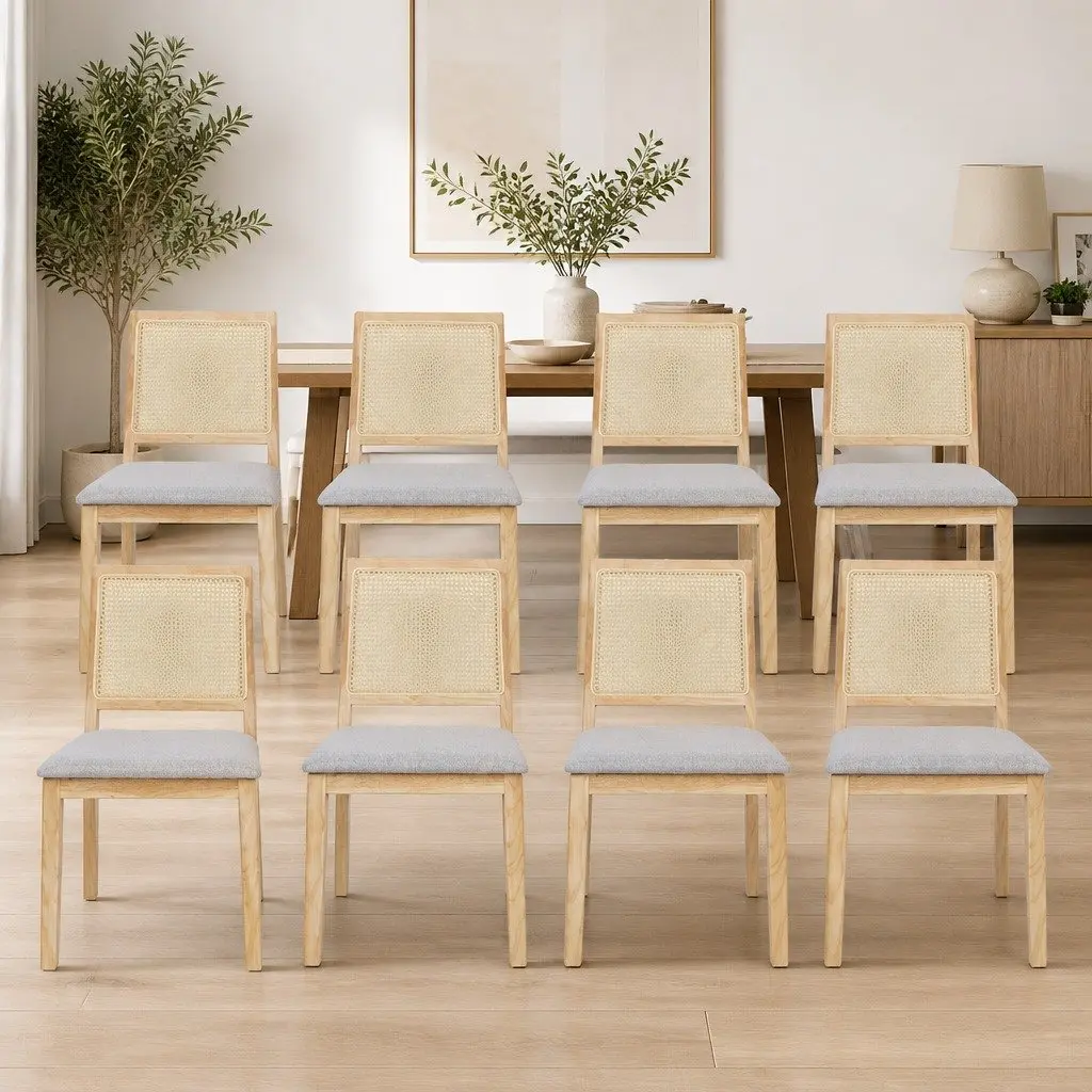 Dining Chairs Set of 8 Armless Rattan Weave Upholstered Seat Natural Wood Frame