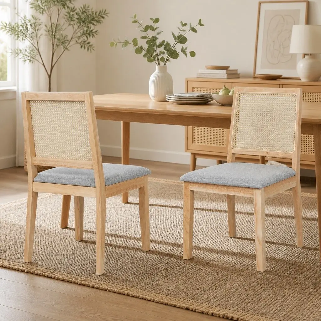 Dining Chairs Set of 8 Armless Rattan Weave Upholstered Seat Natural Wood Frame