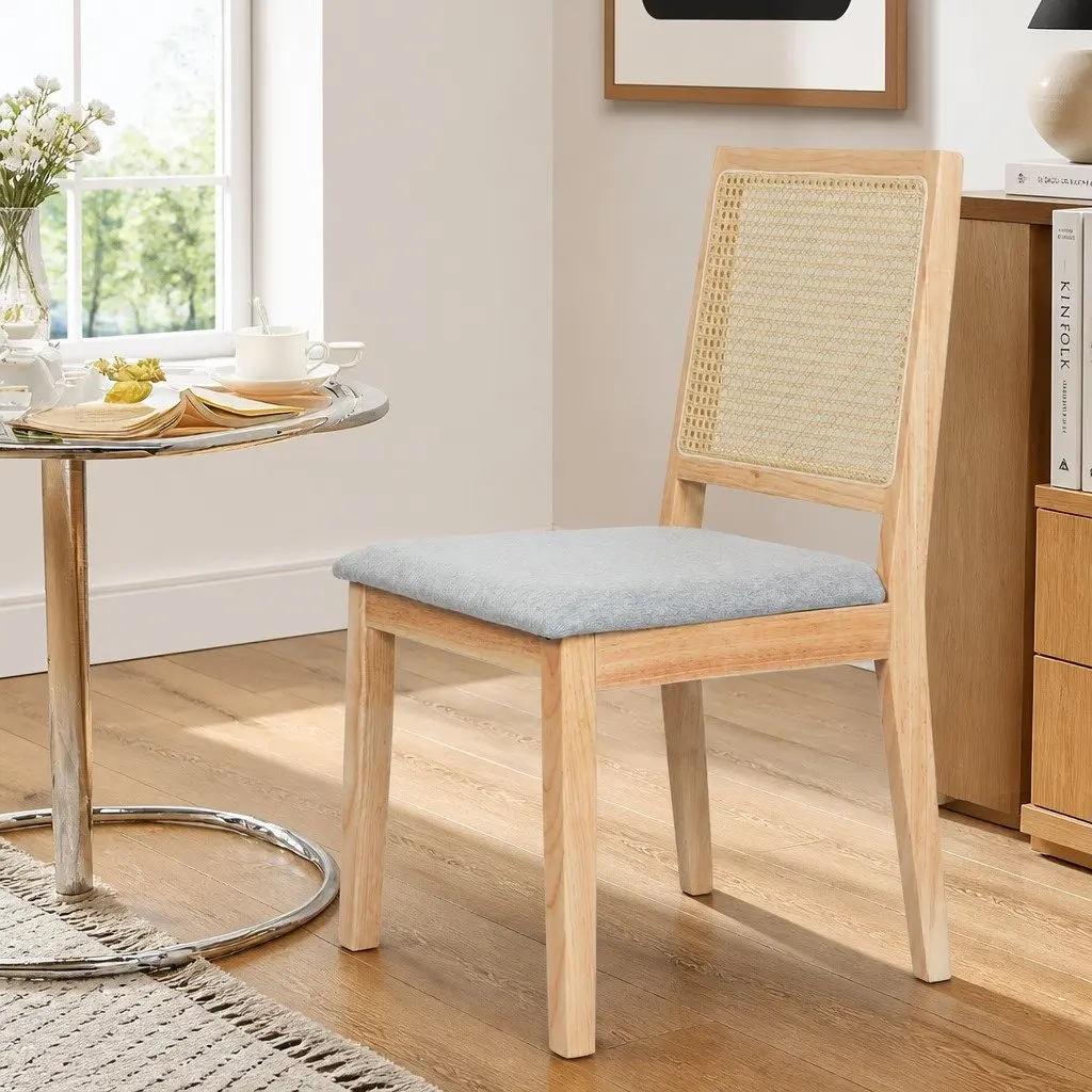 Dining Chairs Set of 8 Armless Rattan Weave Upholstered Seat Natural Wood Frame