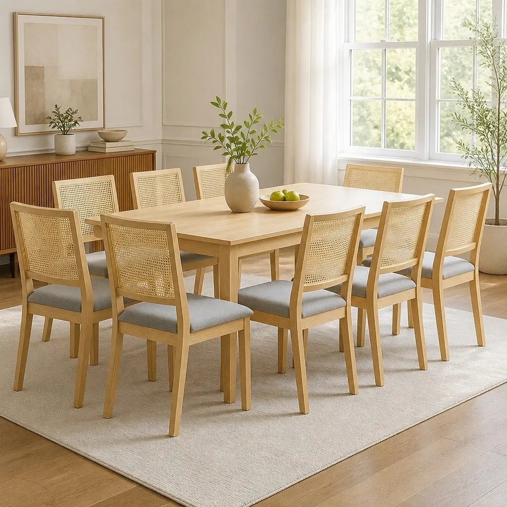Dining Chairs Set of 8 Armless Rattan Weave Upholstered Seat Natural Wood Frame