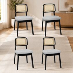 Dining Chair Set of 4 Rattan Weave Back Armless Black Upholstered Seat