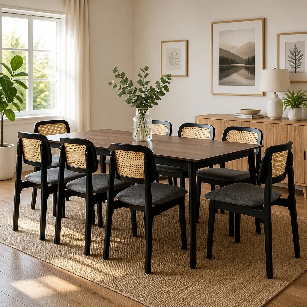 Dining Chair Set of 8 Rattan Weave Armless Black Wood Frame