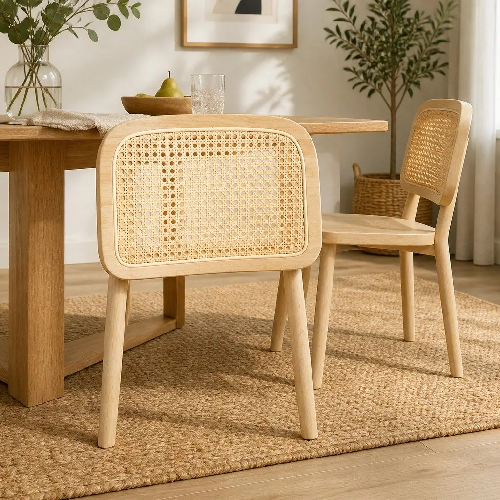 Dining Chair Rattan Weave Back Solid Wood Frame Natural Boho Style 2 Piece