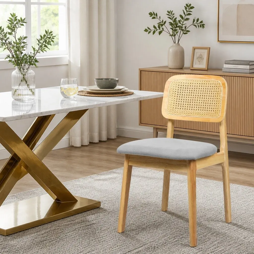 Dining Chair Rattan Weave Back Solid Wood Frame Natural Boho Style 2 Piece
