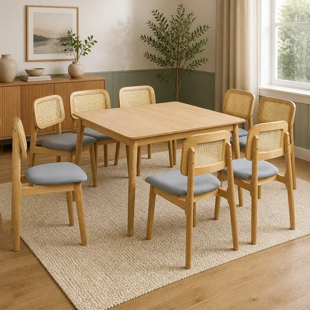 Dining Chair Armless Rattan Natural Wood Set of 8 Kitchen Furniture