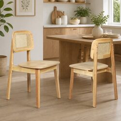 Dining Chairs Set of 2 Cane Rattan Wooden Kitchen Seating Natural Wood Frame