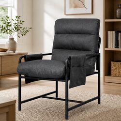 Metal Frame Lounge Chair Dark Grey Linen Accent Armchair with Storage Bags