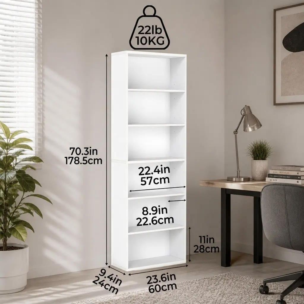 6 Tier Book Shelf Adjustable Shelves Freestanding Storage Display White Wooden