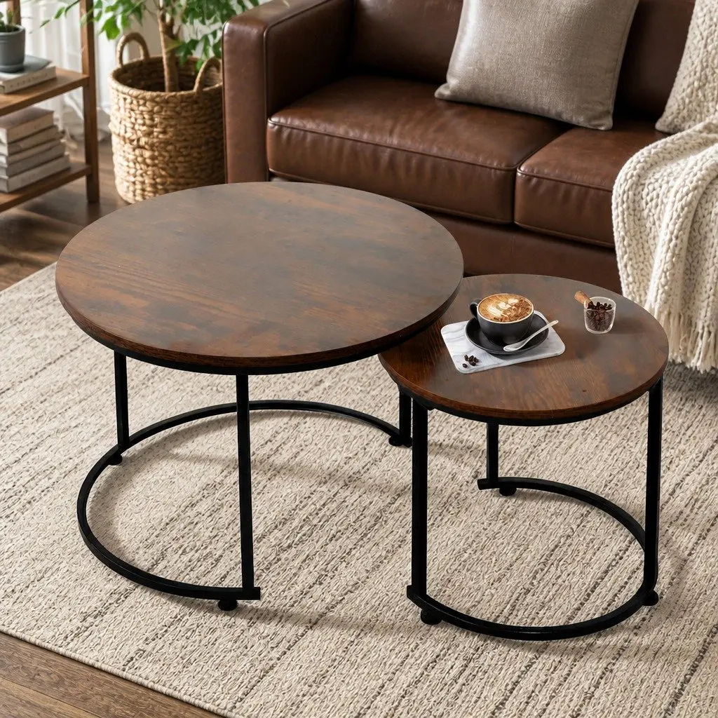 Round Nesting Coffee Table Set Wood Side Table Space Saving Modern Living Room