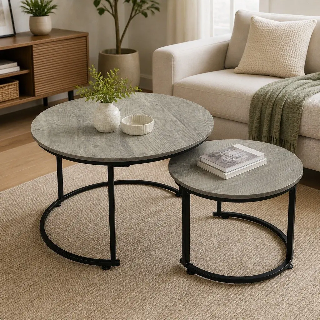 Round Nesting Coffee Table Set Wood Side Table Space Saving Living Room Accent