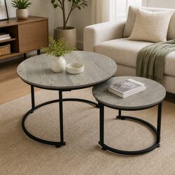 Round Nesting Coffee Table Set Wood Side Table Space Saving Living Room Accent