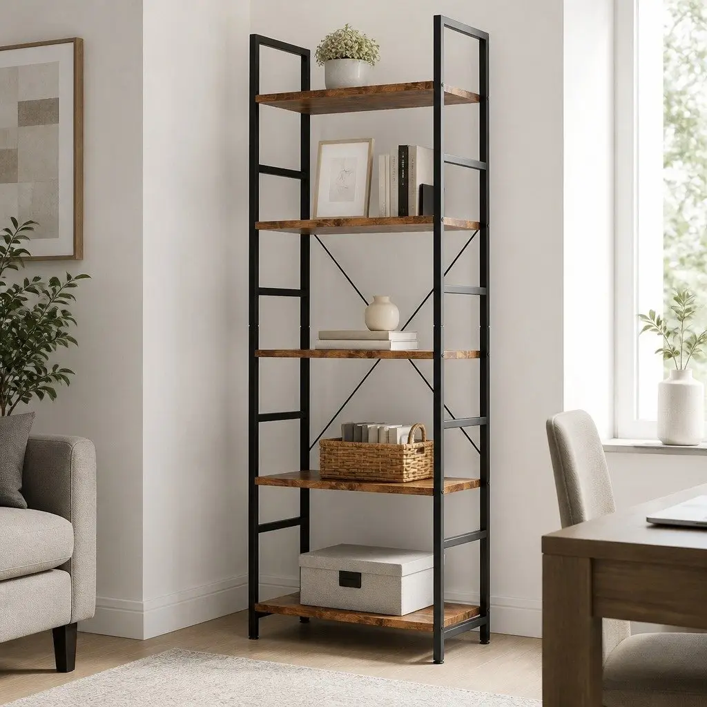 5-Tier Bookshelf Industrial Style 157.5cm Tall Rustic Brown Storage Cabinet Display Shelving Unit