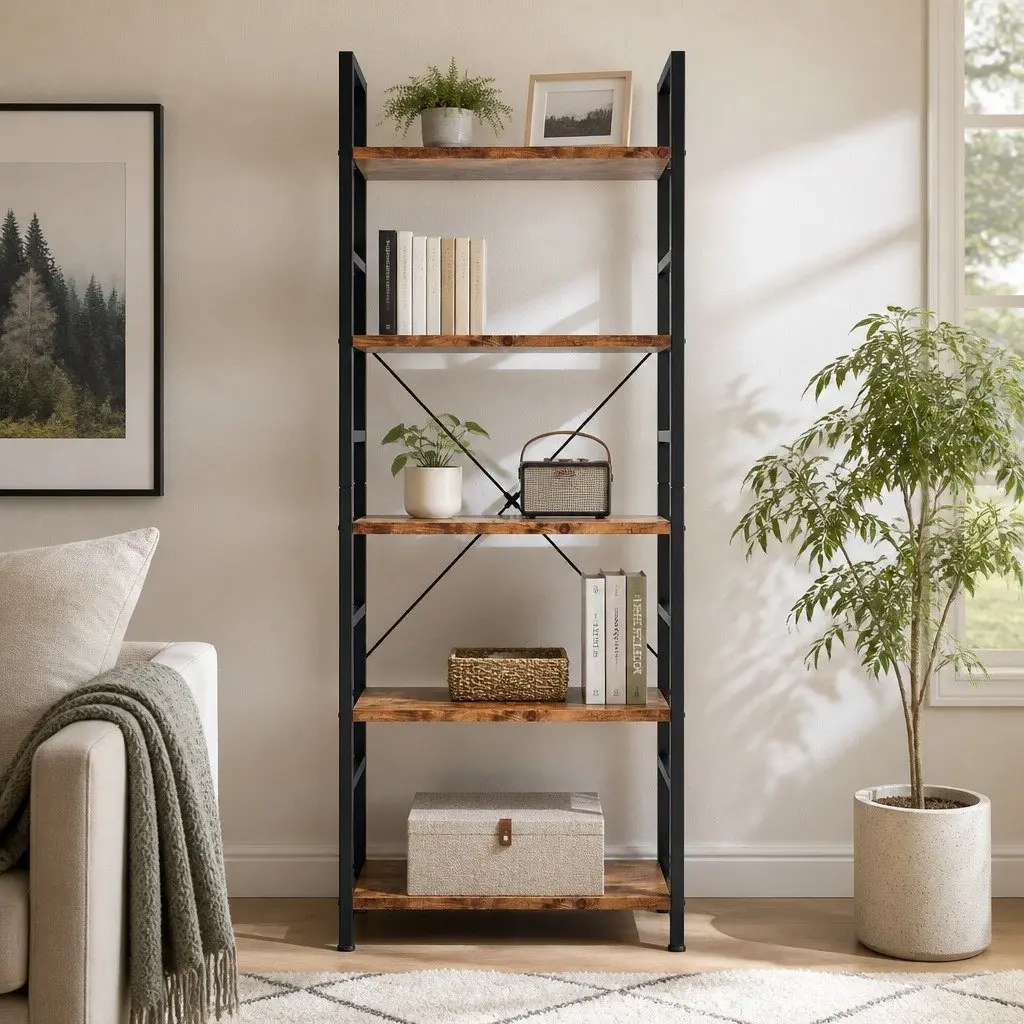 5-Tier Bookshelf Industrial Style 157.5cm Tall Rustic Brown Storage Cabinet Display Shelving Unit