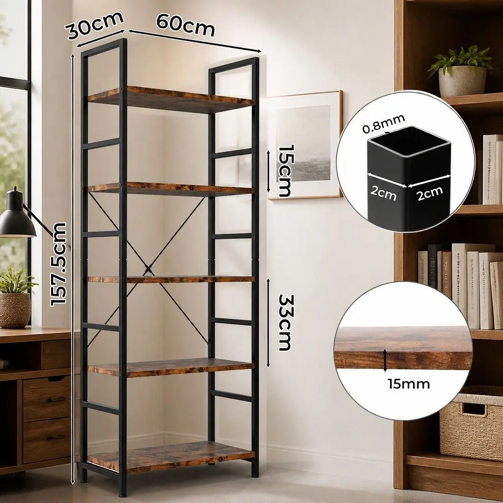 5-Tier Bookshelf Industrial Style 157.5cm Tall Rustic Brown Storage Cabinet Display Shelving Unit