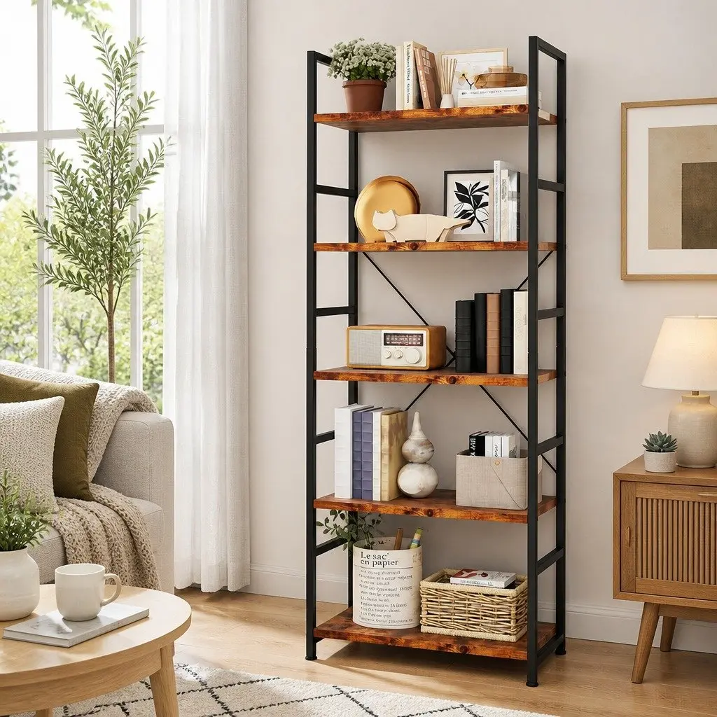 5-Tier Bookshelf Industrial Style 157.5cm Tall Rustic Brown Storage Cabinet Display Shelving Unit